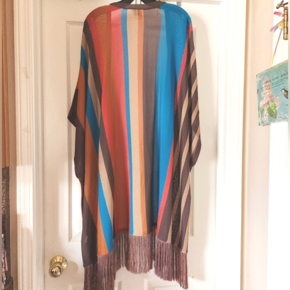 HAUTE HIPPIE Desert Stripes Western Turq Coral Midi Fringe Tunic Kimono Vest OS - Picture 3 of 16
